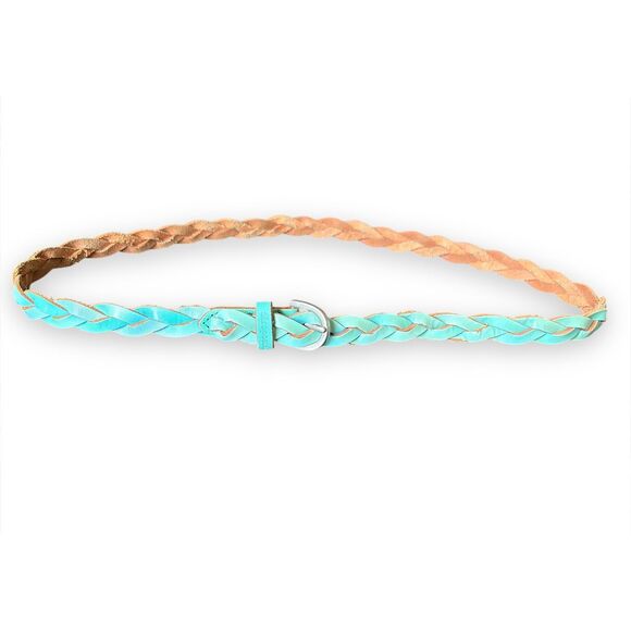 Y2K Aeropostale Turquoise Leather Braided Adjustable Silver Buckle Belt Western - Picture 1 of 4